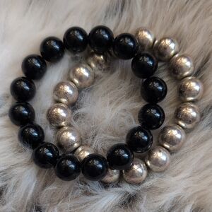 Black and Silver Beaded Bracelets (Set of 2)